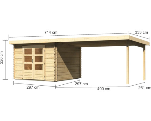 Houten tuinhuis met overkapping en dubbele deur, inclusief afmetingen, totale lengte 714 centimeter, wand van houten planken.