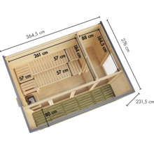 Bovenaanzicht van een houten tuinsauna met afmetingen en terras.