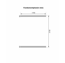 Fundamentplan met afmetingen in millimeter voor de opbouw van een tuinhuis of berging.