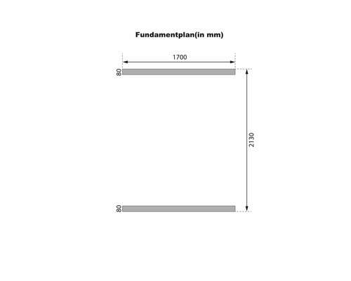 Fundamentplan met afmetingen in millimeter voor de opbouw van een tuinhuis of berging.