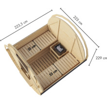 Bovenaanzicht van een houten ton-sauna met banken en saunakachel, inclusief afmetingen van 223,5 cm, 225 cm, 229 cm en 55 cm voor de zitbanken.
