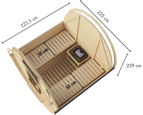 Bovenaanzicht van een houten ton-sauna met banken en saunakachel, inclusief afmetingen van 223,5 cm, 225 cm, 229 cm en 55 cm voor de zitbanken.