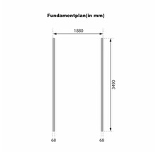 Technisch funderingsplan met afmetingen in millimeters voor het opbouwen van een tuinhuis of carport.