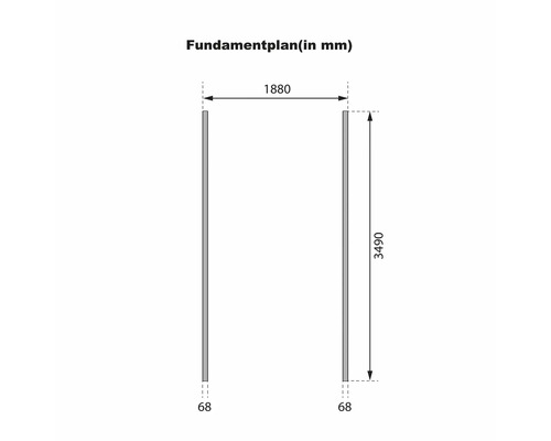 Technisch funderingsplan met afmetingen in millimeters voor het opbouwen van een tuinhuis of carport.
