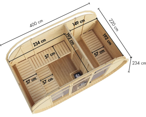 Maattekening van een houten tonsauna met binnenaanzicht, zitbanken en ruimteverdeling, inclusief afmetingen in centimeters.