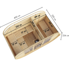 Maattekening van een houten tonsauna met binnenaanzicht, zitbanken en ruimteverdeling, inclusief afmetingen in centimeters.