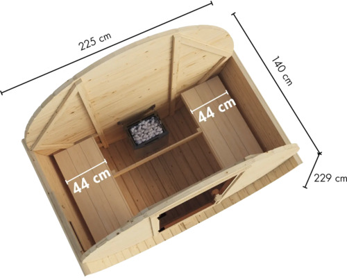 Bovenaanzicht van een houten vatsauna met saunakachel en twee saunabanken inclusief afmetingen.