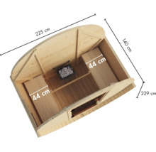 Bovenaanzicht van een houten vatsauna met saunakachel en twee saunabanken inclusief afmetingen.