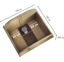 Bovenaanzicht van een houten sauna met afmetingen 158 bij 140 bij 205 centimeter, twee banken van 44 centimeter diep en een saunakachel.
