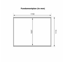 Technisch funderingsplan met afmetingen in millimeters voor de voorbereiding van de ondergrond van een tuinhuis of berging.