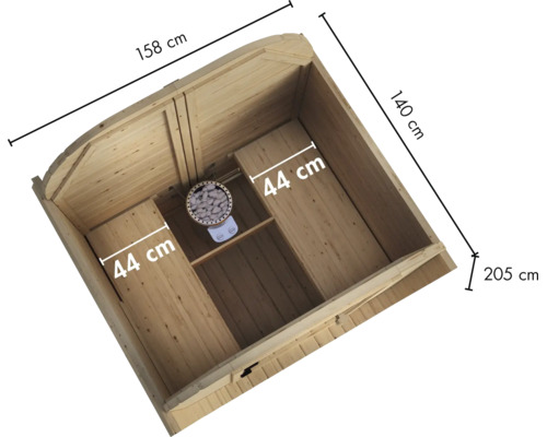Bovenaanzicht van een houten sauna met afmetingen 158 bij 140 bij 205 centimeter, twee banken van 44 centimeter diep en een saunakachel.