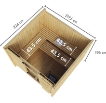 Bovenaanzicht van een houten sauna met afmetingen voor buitenmaten en saunabanken