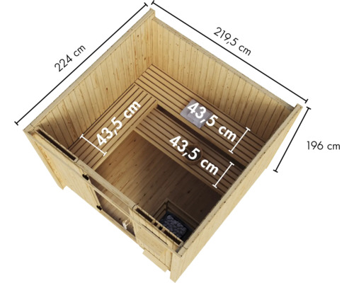 Bovenaanzicht van een houten sauna met afmetingen voor buitenmaten en saunabanken