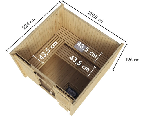 Houten sauna met afmetingen in centimeters, bovenaanzicht van het interieur met twee hoekbanken, vloer en saunakachel.