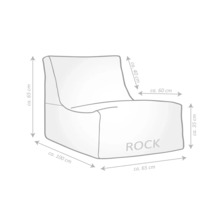 Maatschets zitzak Rock: hoogte circa 65 centimeter, breedte circa 65 centimeter, diepte circa 100 centimeter, zithoogte circa 35 centimeter.