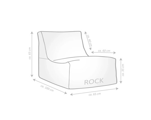 Maatschets zitzak Rock: hoogte circa 65 centimeter, breedte circa 65 centimeter, diepte circa 100 centimeter, zithoogte circa 35 centimeter.