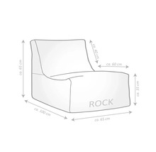 Schets zitzak ROCK: hoogte circa 65 centimeter, diepte circa 100 centimeter, breedte circa 65 centimeter.