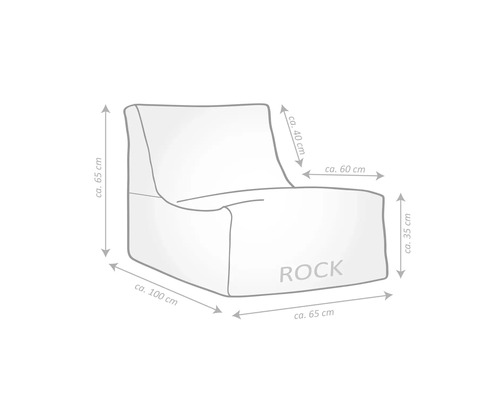 Schets zitzak ROCK: hoogte circa 65 centimeter, diepte circa 100 centimeter, breedte circa 65 centimeter.