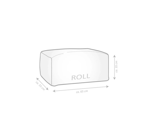 Productschets ROLL met afmetingen: breedte circa 65 centimeter, diepte circa 55 centimeter, hoogte circa 35 centimeter.