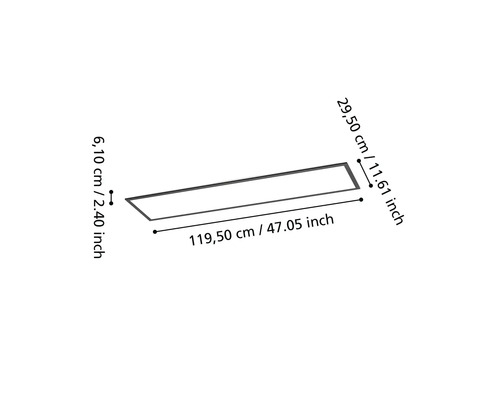 Maatschets van een rechthoekig led-paneel met afmetingen: lengte 119,50 centimeter, breedte 29,50 centimeter en hoogte 6,10 centimeter.