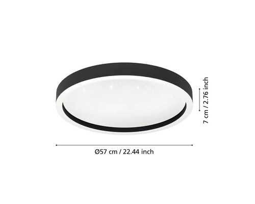Ronde zwarte LED plafondlamp met sterreneffect, diameter 57 centimeter en hoogte 7 centimeter.