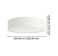 Ronde plafondlamp met afmetingen: diameter 57 centimeter en hoogte 15 centimeter.