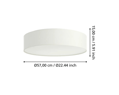 Ronde plafondlamp met afmetingen: diameter 57 centimeter en hoogte 15 centimeter.
