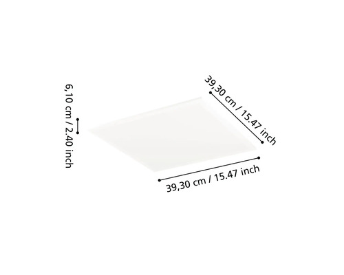 Vierkante plafondlamp, afmetingen 39,30 bij 39,30 centimeter, hoogte 6,10 centimeter.
