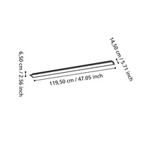Rechthoekige LED-plafondlamp met afmetingen: lengte 119,50 centimeter, breedte 14,50 centimeter, hoogte 6,50 centimeter.