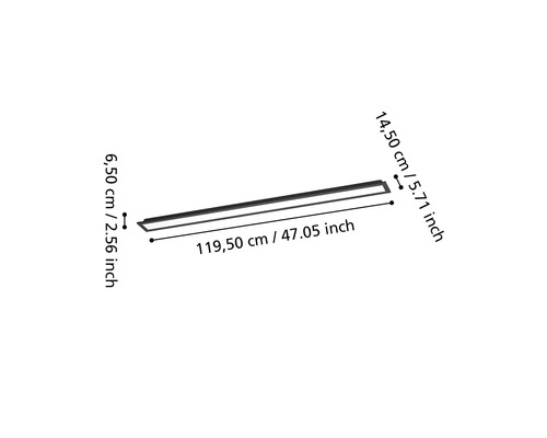 Rechthoekige LED-plafondlamp met afmetingen: lengte 119,50 centimeter, breedte 14,50 centimeter, hoogte 6,50 centimeter.