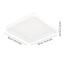 Vierkante LED-plafondlamp met afmetingen van 36 centimeter bij 36 centimeter en een hoogte van 5,4 centimeter.