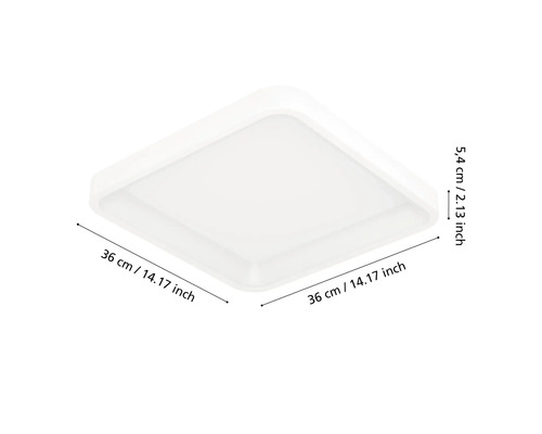 Vierkante LED-plafondlamp met afmetingen van 36 centimeter bij 36 centimeter en een hoogte van 5,4 centimeter.