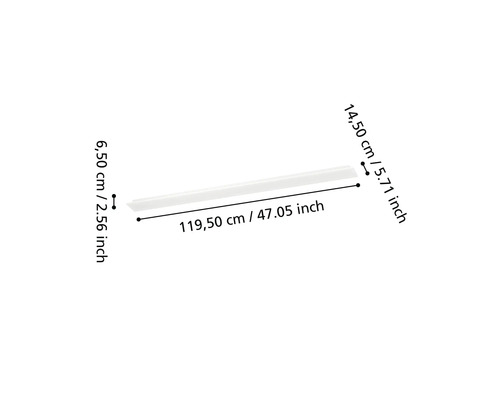 LED-armatuur met afmetingen: lengte 119,50 centimeter, breedte 14,50 centimeter en hoogte 6,50 centimeter.