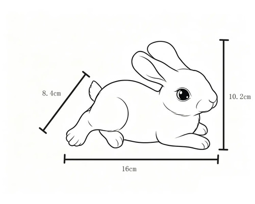 Lijntekening van een liggend konijn met afmetingen: 16 centimeter lengte, 10,2 centimeter hoogte en 8,4 centimeter breedte.