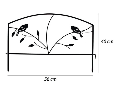 Zwart metalen borderhekje met vogelmotief, 56 centimeter breed en 40 centimeter hoog.