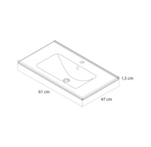 Maatschets van een meubelwastafel met een breedte van 61 centimeter, een diepte van 47 centimeter en een randhoogte van 1,5 centimeter.