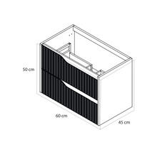 Technische tekening van een wastafelonderkast met twee laden in lamellenoptiek. Afmetingen: breedte 60 centimeter, hoogte 50 centimeter, diepte 45 centimeter.