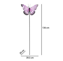 Tuinsteker met paarse vlinder, hoogte 136 centimeter, breedte 39,5 centimeter, diepte 20 centimeter.