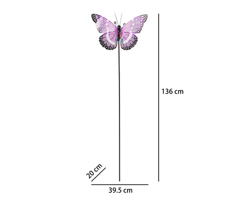 Tuinsteker met paarse vlinder, hoogte 136 centimeter, breedte 39,5 centimeter, diepte 20 centimeter.