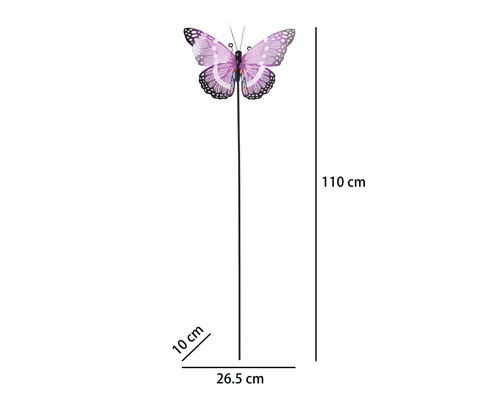 Tuinsteker met paarse vlinder, hoogte 110 centimeter, breedte 26,5 centimeter, diepte 10 centimeter.
