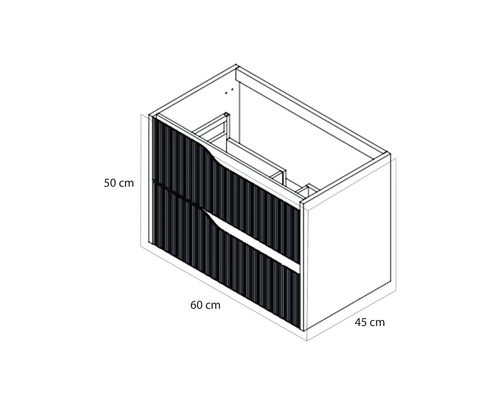Maattekening van een wastafelonderkast met twee laden en een lattenfront, breedte 60 centimeter, hoogte 50 centimeter, diepte 45 centimeter.