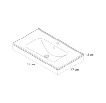 Technische tekening van een rechthoekige wastafel met afmetingen van 61 centimeter breed, 47 centimeter diep en 1,5 centimeter hoog.