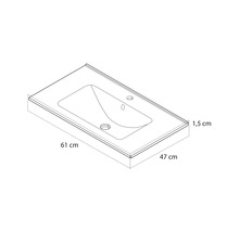 Maattekening van een wastafel met de afmetingen 61 centimeter breedte, 47 centimeter diepte en 1,5 centimeter randhoogte.