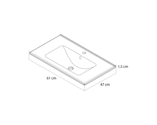 Maattekening van een wastafel met de afmetingen 61 centimeter breedte, 47 centimeter diepte en 1,5 centimeter randhoogte.