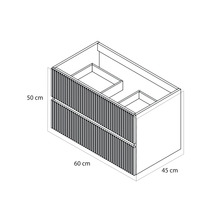 Maattekening van een wastafelonderkast met twee laden en lamellenfront, breedte 60 centimeter, hoogte 50 centimeter, diepte 45 centimeter.