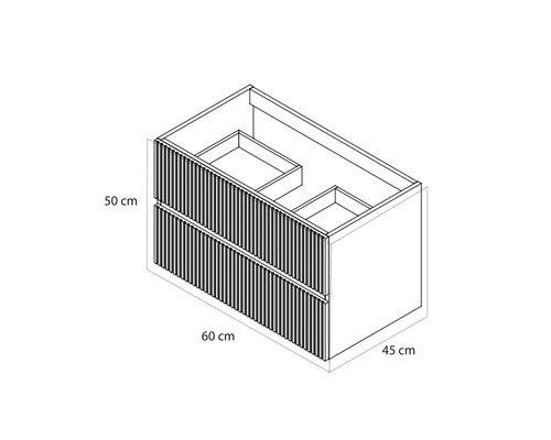Maattekening van een wastafelonderkast met twee laden en lamellenfront, breedte 60 centimeter, hoogte 50 centimeter, diepte 45 centimeter.