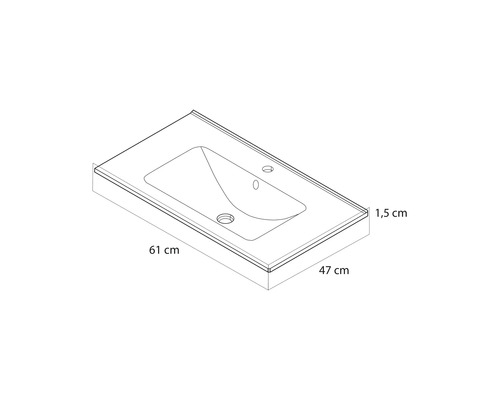 Maattekening van een meubelwastafel van 61 centimeter breed, 47 centimeter diep en met een randhoogte van 1,5 centimeter.