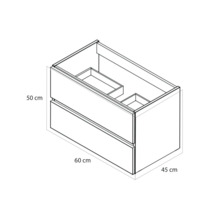 Maatschets van een wastafelonderkast met twee laden. Breedte 60 centimeter, hoogte 50 centimeter, diepte 45 centimeter.