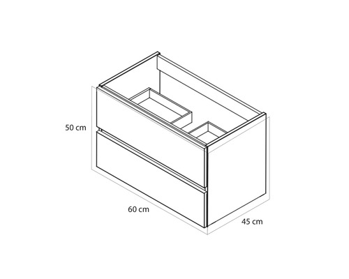 Maattekening van een wastafelonderkast met twee laden, breedte 60 centimeter, hoogte 50 centimeter, diepte 45 centimeter.