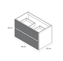 Technische tekening van een wastafelonderkast met latjesfront, afmetingen: breedte 60 centimeter, hoogte 50 centimeter, diepte 45 centimeter.